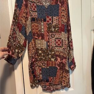 Umgee Boho Patchwork Blouse - Pink, Blue, Brown